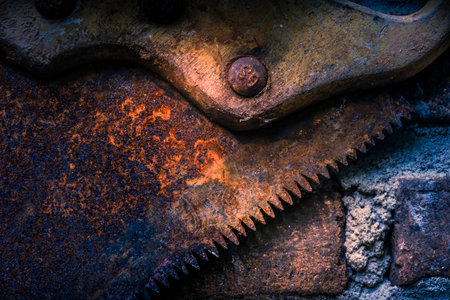 A close-up view of the rusty teeth of a hand saw for woodの写真素材