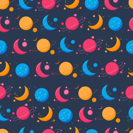Stars, spacemans, planets, comets on background. Planet seamless pattern.