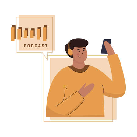 Podcast concept illustration. Young man listening to podcasting.のイラスト素材