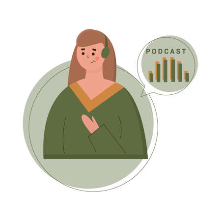 Podcast concept illustration. Young girl listening to podcasting.のイラスト素材