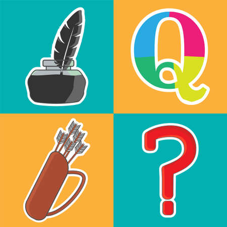 Q flashcard letter with three kind of vocabularies example.のイラスト素材