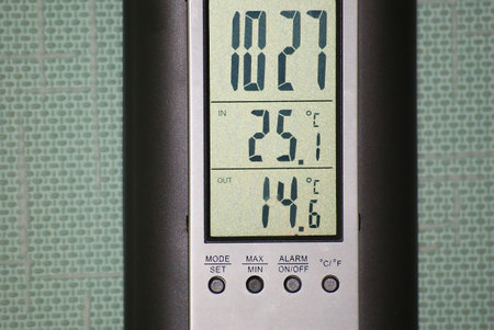 This is an electronic clock and thermometer.の写真素材