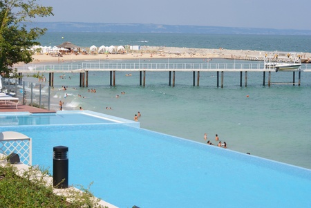 This is a view of party at swimming pool in hotel Nikea Park in Golden Sands, Bulgaria. Event takes place 13.08.2009のeditorial素材