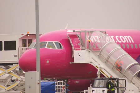 Airport Lublin in Swidnik, Poland - January 5, 2013 - WizzAir Lines' flight from London Airport in London, England to Lublin Airport in Swidnik, Polandのeditorial素材