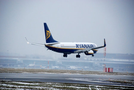 Warsaw City, Poland - February 16, 2013 - Aeroplane flight over the Chopin Airport in Warsawのeditorial素材