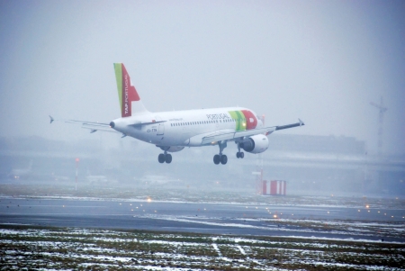 Warsaw City, Poland - February 16, 2013 - Aeroplane flight over the Chopin Airport in Warsawのeditorial素材