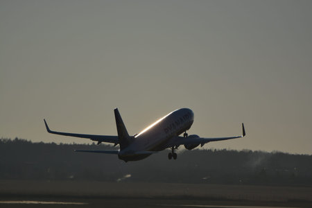 This is a view of Ryanair plane Boeing 737 8AS(WL) registered as EI-EBH over the Lublin Airport....