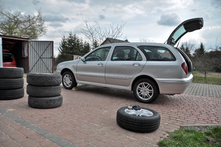 This is a view of wheel changing in italian car.の写真素材