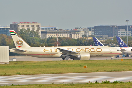 This is a view of Etihad Cargo the biggest double engine plane in the world the Boeing 777-FXX registered as the A6-DDC. September 16, 2015, Warsaw, Poland.のeditorial素材