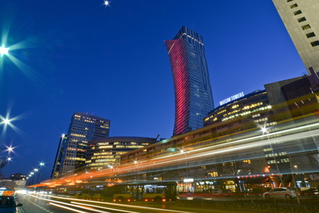 This is a view of Warsaw city at night. March 16, 2016. Warsaw, Poland.のeditorial素材