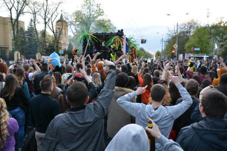 This is a view of students 'pageant on the first day of students' holiday in Lublin. May 4, 2016....