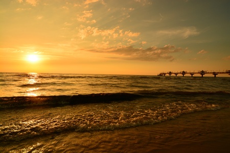 This is a view of sunset in Miedzyzdroje by the Baltic Sea, Poland.の写真素材