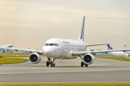 This is a view of the Air France plane Airbus A320-214 registered as F-GKXV on the Warsaw Chopin Airport. On November 4, 2016. Warsaw, Poland.のeditorial素材