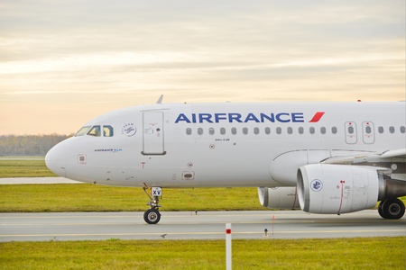 This is a view of the Air France plane Airbus A320-214 registered as F-GKXV on the Warsaw Chopin Airport. On November 4, 2016. Warsaw, Poland.のeditorial素材