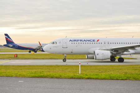 This is a view of the Air France plane Airbus A320-214 registered as F-GKXV on the Warsaw Chopin Airport. On November 4, 2016. Warsaw, Poland.のeditorial素材