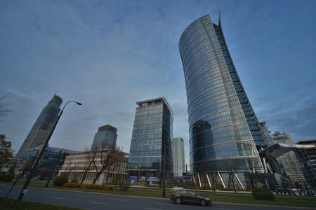 This is a view of Warsaw Spire - the tallest office building in Warsaw. On November 4, 2016. Warsaw,...