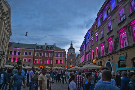 This is a view of Mountbanks Carnaval in Lublin old town. July 28, 2017. Lublin, Poland.のeditorial素材