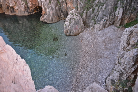 This is a view of the beach in Vrbnik. September 4, 2017. Vrbnik, Croatia.のeditorial素材