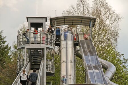 This is a view of a slide on the top of the Park Mountain in Krynica Zdroj. May 2, 2019. Parkowa Mountain in Krynica Zdroj, Poland.のeditorial素材