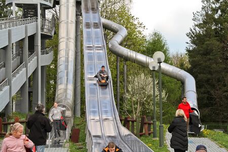 This is a view of a slide on the top of the Park Mountain in Krynica Zdroj. May 2, 2019. Parkowa Mountain in Krynica Zdroj, Poland.のeditorial素材