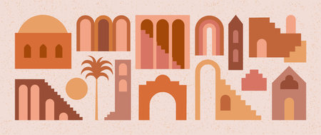 Set of flat geometry architecture elements, Moroccan stairs, walls, arch, arc, palm. Boho style. Mid Century abstract print. Terracotta colors. contemporary aesthetic background.のイラスト素材