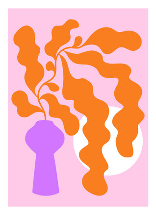 abstract flower poster. Trendy botanical wall art with floral cut out design. Modern groovy funky interior decorations. vector art illustration. Danish pastel colors.のイラスト素材