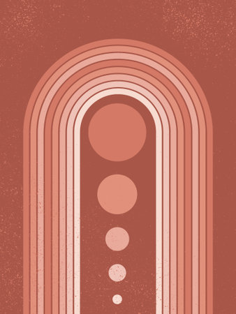 Abstract contemporary aesthetic background with geometric balance shapes, rainbow gates, circles. Boho wall decor. Mid century modern minimalist art print. Terracotta colors.のイラスト素材