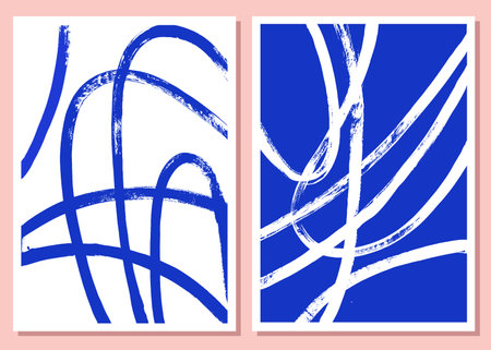 abstract painting wall art. Mid century modern minimalist art print. Contemporary aesthetic backgrounds set. Geometric lines doodles drawing. indigo colorのイラスト素材