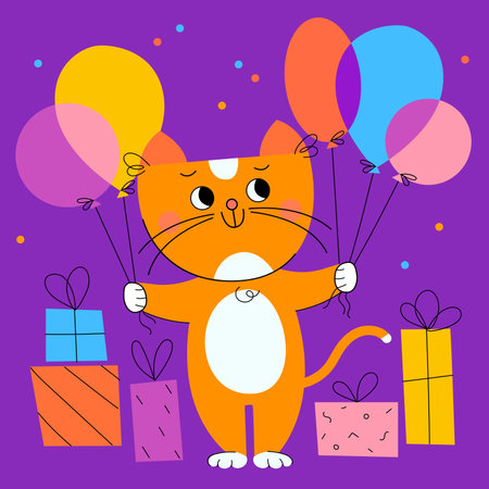 Happy birthday greeting card with cartoon cute cat with helium balloons and gift boxes. background with confetti. Vector hand drawn illustration.のイラスト素材