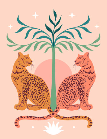 Cute Leopards, Sun, palm tree. Modern abstract art. Boho style. Mid Century print. Cosmic minimalist scene. protect wild animals poster. magic concept. vintage inspired artのイラスト素材