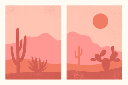 Abstract contemporary aesthetic backgrounds set with southwestern landscape, desert, mountains, cactuses. Earth tones, terracotta colors. Boho wall decor. Mid century modern minimalist art print.のイラスト素材
