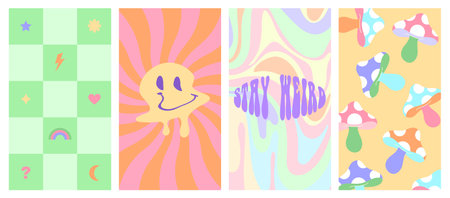 Groovy stories and post frame templates. Social media set design. Abstract retro aesthetic hippie backgrounds pack 70s, 80s, 90s style. Trendy girly cute design.のイラスト素材