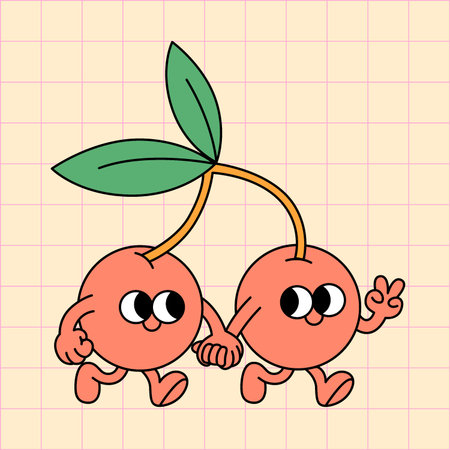 Fun groovy retro clipart with cherry. 60s, 70s, 80s cartoon style. Patches, pins, stamps, stickers template. Funny cute comic characters. Vintage, nostalgic aesthetic backgroundのイラスト素材