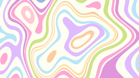Hippie trippy retro background for psychedelic 60s 70s parties with bright rainbow colors and groovy liquid pattern in pop art style. Funky retro wallpaper.のイラスト素材