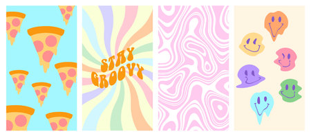 Groovy stories and post frame templates. Social media set design. Abstract retro aesthetic hippie backgrounds pack 70s, 80s, 90s style. Trendy girly cute design.のイラスト素材