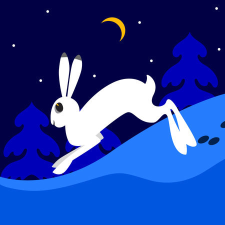 White hare runs through the forest. Winter night, moon, stars. christmas greeting card background. Cute animal New Year poster.のイラスト素材