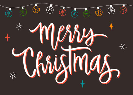 Merry Christmas hand lettering inscription to winter holiday design. Calligraphy vector illustration, retro style.のイラスト素材
