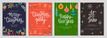 Christmas gift card and invitation set with lettering. hand drawn design elements. Perfect for winter holidays and New Year greetings.のイラスト素材