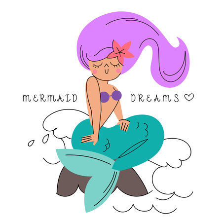Beautiful little mermaid dreaming and sitting on a stone. Siren, sea theme. White background with sea waves. cartoon vector illustration.のイラスト素材