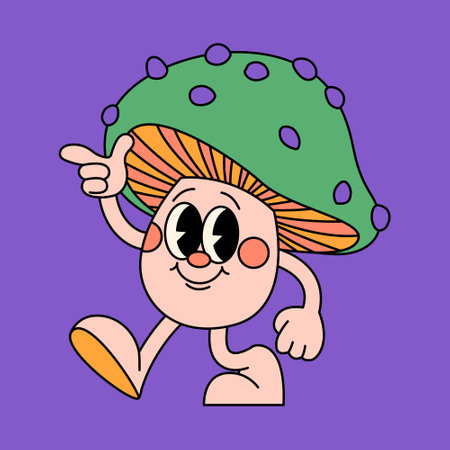 Fun groovy retro clipart with Mushroom. 60s, 70s, 80s cartoon style. Patches, pins, sticker template. Funny cute comic character. Trendy, vintage, nostalgic aesthetic backgroundのイラスト素材