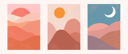 Abstract contemporary aesthetic backgrounds landscapes set with sunrise, sunset, night. Earth tones, pastel colors. Boho wall decor. Mid century modern minimalist art print.のイラスト素材