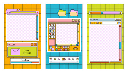 Linear vapor wave story set. Retro fun groovy style. Trendy editable template for social networks stories, vector illustration. Design backgrounds for social media.のイラスト素材