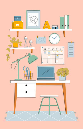 Workplace room, home office, modern Interior. office laptop computer. Vector illustration in flat cartoon style.のイラスト素材