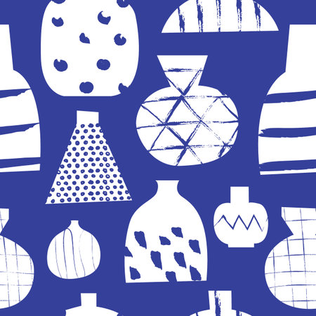 Seamless pattern with hand drawn abstract vases. Checkered dotted geometrical simple texture. Aesthetic composition indigo color. Collection of ceramic vases. minimalist shapesのイラスト素材