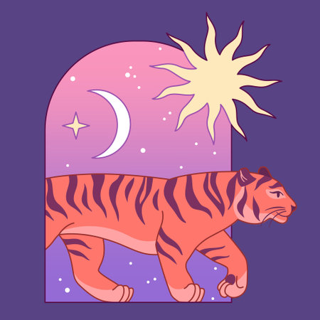 Cute Tiger, Sun, Moon, stars, arch. Modern abstract art. Boho style. magical style print. Cosmic minimalistic scene. protect wild animals poster. magic concept.のイラスト素材