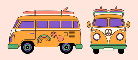 Fun groovy retro clipart with Hippie bus car. 60s, 70s, 80s cartoon style. Patches, pins, stamps, stickers template. Abstract trendy, vintage, nostalgic aesthetic backgroundのイラスト素材