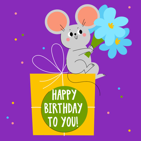 Happy birthday greeting card with cartoon cute mouse with a bouquet of blue flowers sitting on a gift box. Vector hand drawn illustration.のイラスト素材