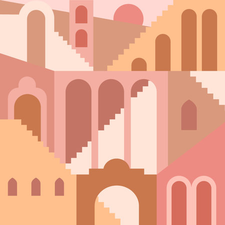 Contemporary aesthetic background with flat geometry architecture, Moroccan stairs, walls, arch, arc. boho style. Mid Century modern abstract print. earthy tone, terracotta colorsのイラスト素材