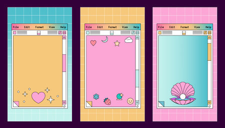 Linear vaporwave Ig stories templates. Social media set design. Abstract retro aesthetic groovy backgrounds pack 70s, 80s, 90s style. Retro PC Notepad windows interfaceのイラスト素材