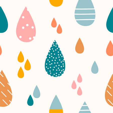 Seamless pattern with drops. Cute childish texture. Endless background with raindrops in bright pastel colors. Template for children, baby shower, gift wrapping paper, fabric.のイラスト素材